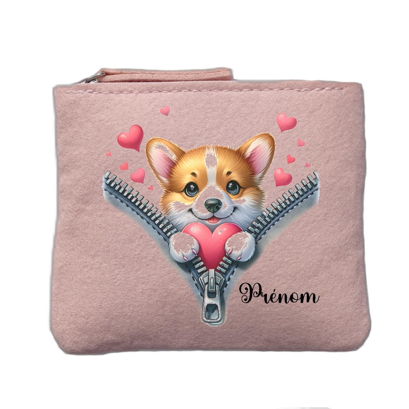 Porte monnaie personnalisé motif chien zip rose clair en feutrine en feutrine