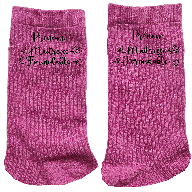 Chaussettes personnalisée paillettes rose motif maitresse formidable