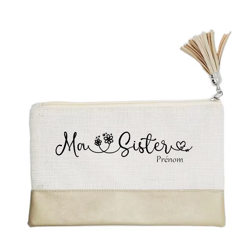 Pochette personnalisée motif soeur sister en toile et simili cuir personnalisée