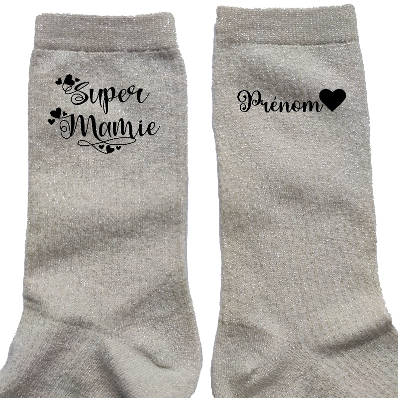 Chaussettes personnalisée paillettes crème motif super mamie