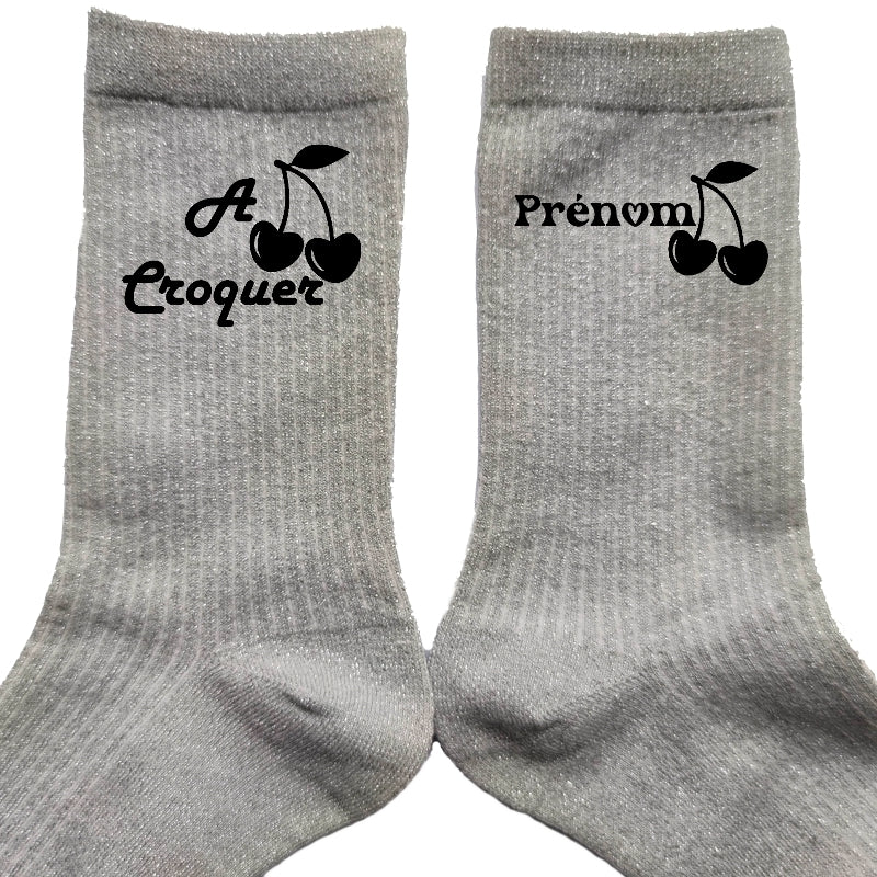 Chaussettes personnalisées paillettes argent motif à croquer