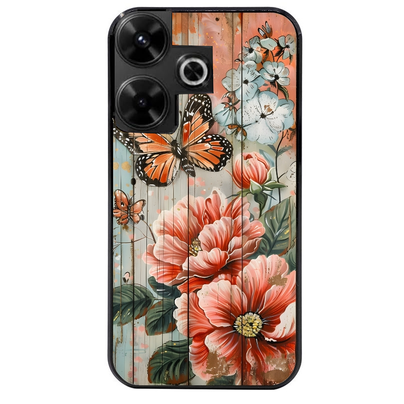 Coque noire taperso pour POCO M6 4G avec motif bois et papillon 3 protection antichoc personnalisée