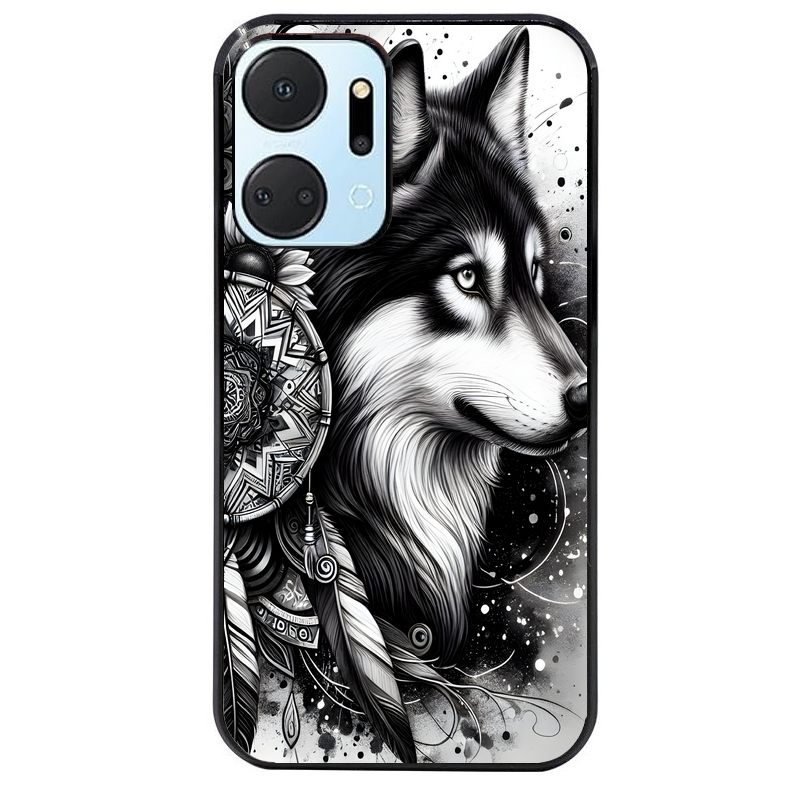 Coque noire taperso pour Honor X7A avec motif loup dreamcatcher protection antichoc personnalisée