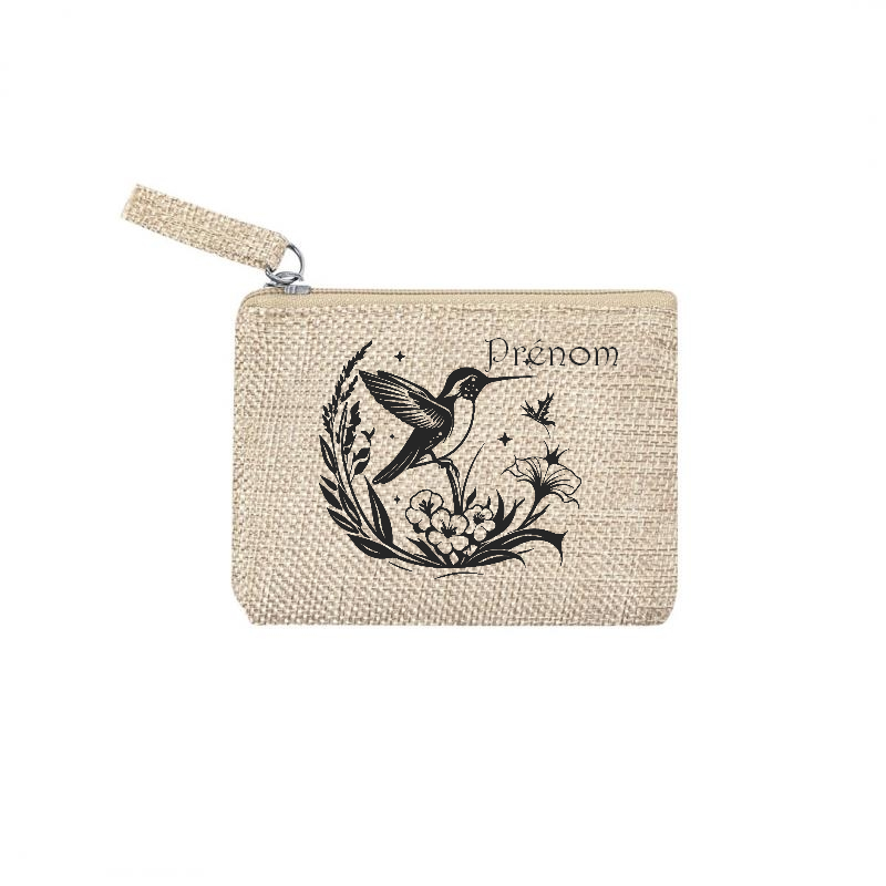 Pochette personnalisée motif colibri fleur en toile et simili cuir personnalisée