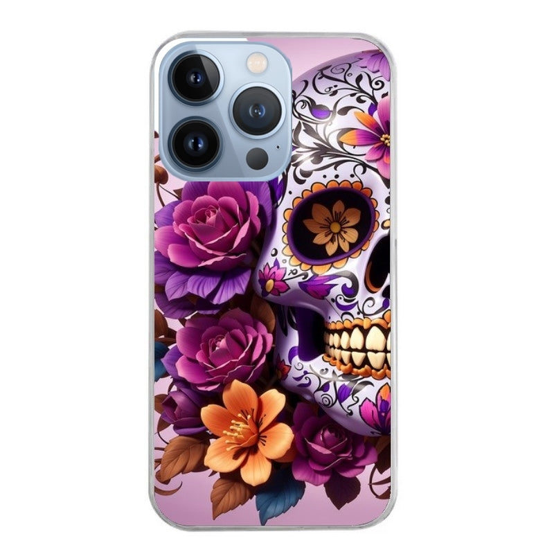 Coque taperso pour Iphone 12 et PRO MINI PRO MAX avec motif tete de mort calavera violette protection antichoc personnalisée