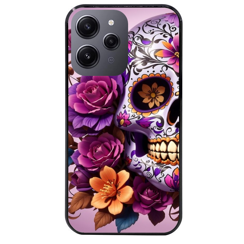 Coque noire taperso pour Redmi 12 4G et 5G avec motif tete de mort calavera violette protection antichoc personnalisée