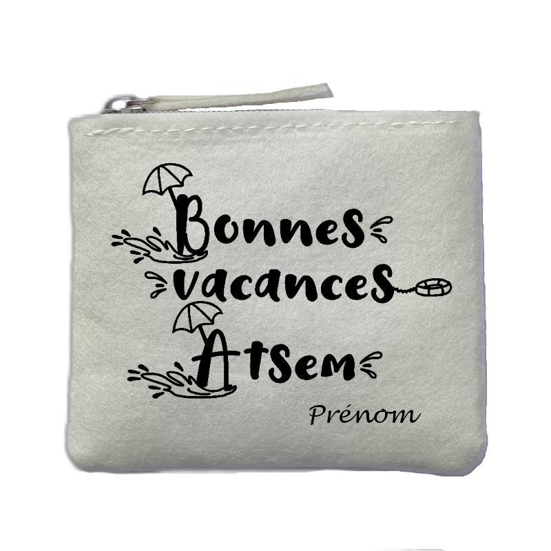 Porte monnaie personnalisé atsem vacances ivoire en feutrine en feutrine ivoire