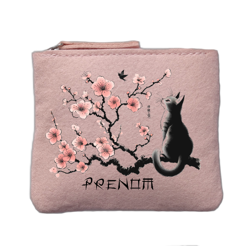 Porte monnaie personnalisé motif chat cerisier rose clair en feutrine en feutrine