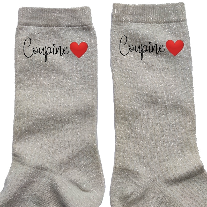 Chaussettes paillettes crème motif copine coupine