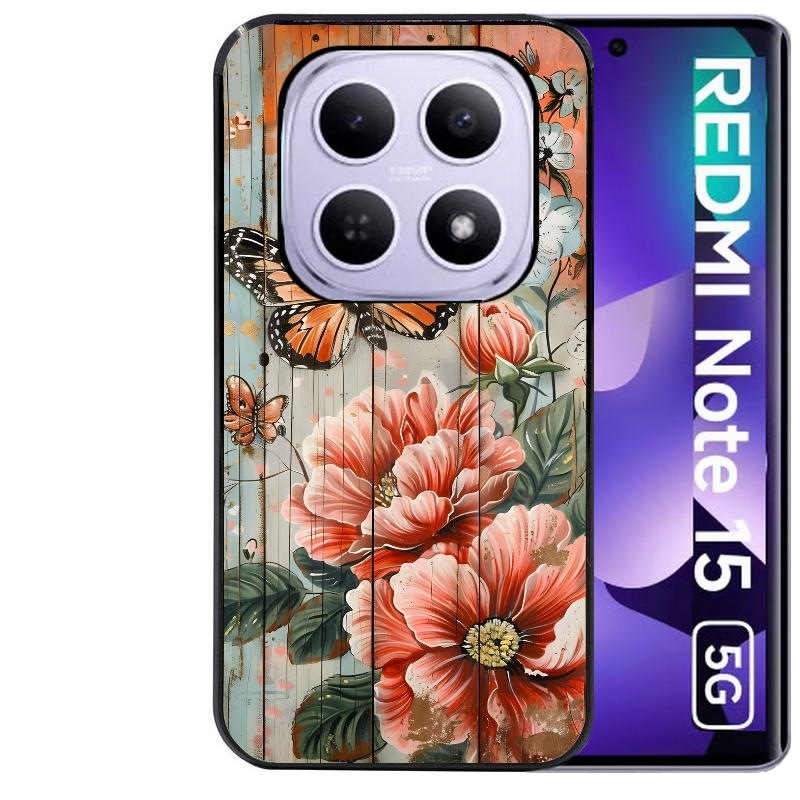 Coque noire taperso pour Redmi Note 15 et PRO PLUS 4G 5G avec motif bois et papillon 3 protection antichoc personnalisée