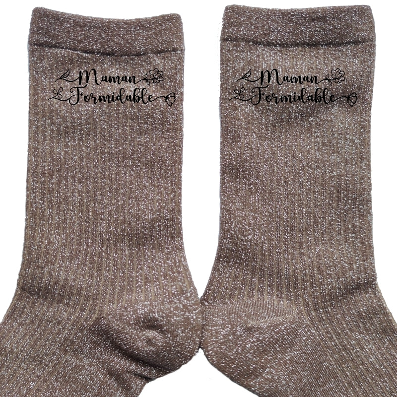 Chaussettes paillettes bronze motif maman formidable