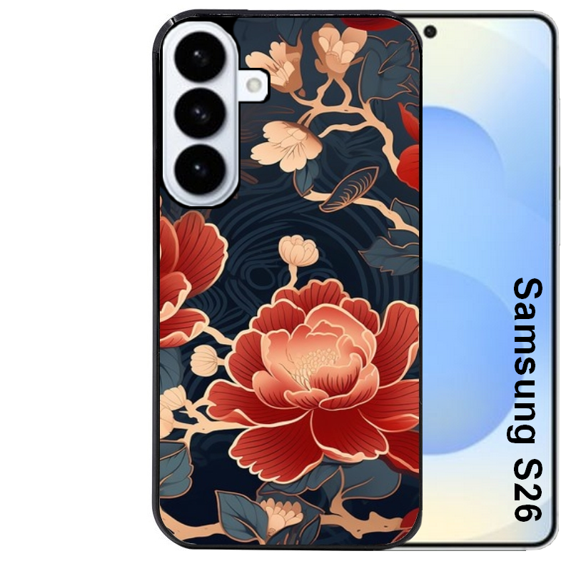 Coque noire taperso pour galaxy S26 et PLUS ULTRA FE avec motif fleur japan protection antichoc personnalisée