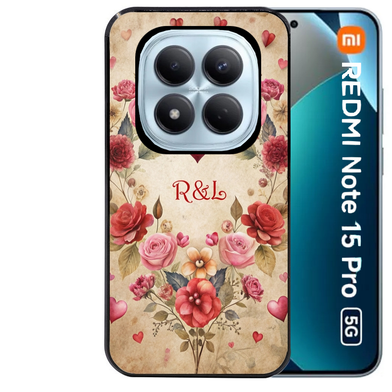 Coque noire taperso pour Redmi Note 15 et PRO PLUS 4G 5G avec motif coeur vintage et initiales personnalisee protection antichoc personnalisée