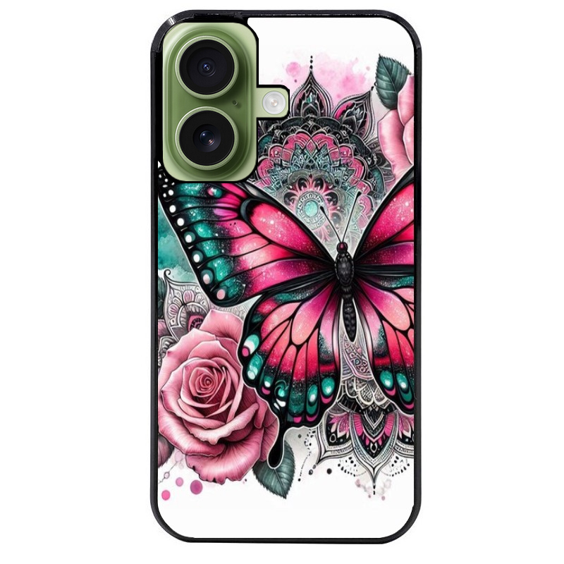 Coque noire taperso pour Iphone 16 16E PLUS MAX PRO avec motif papillon rose protection antichoc personnalisée