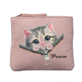 Porte monnaie personnalisé motif chat zip rose clair en feutrine en feutrine