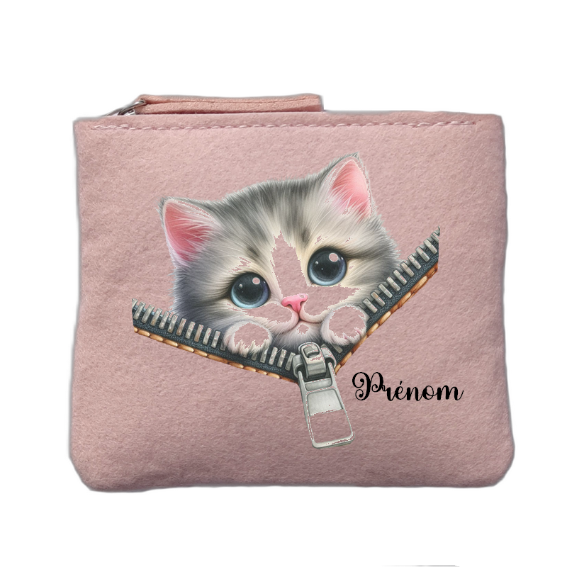 Porte monnaie personnalisé motif chat zip rose clair en feutrine en feutrine