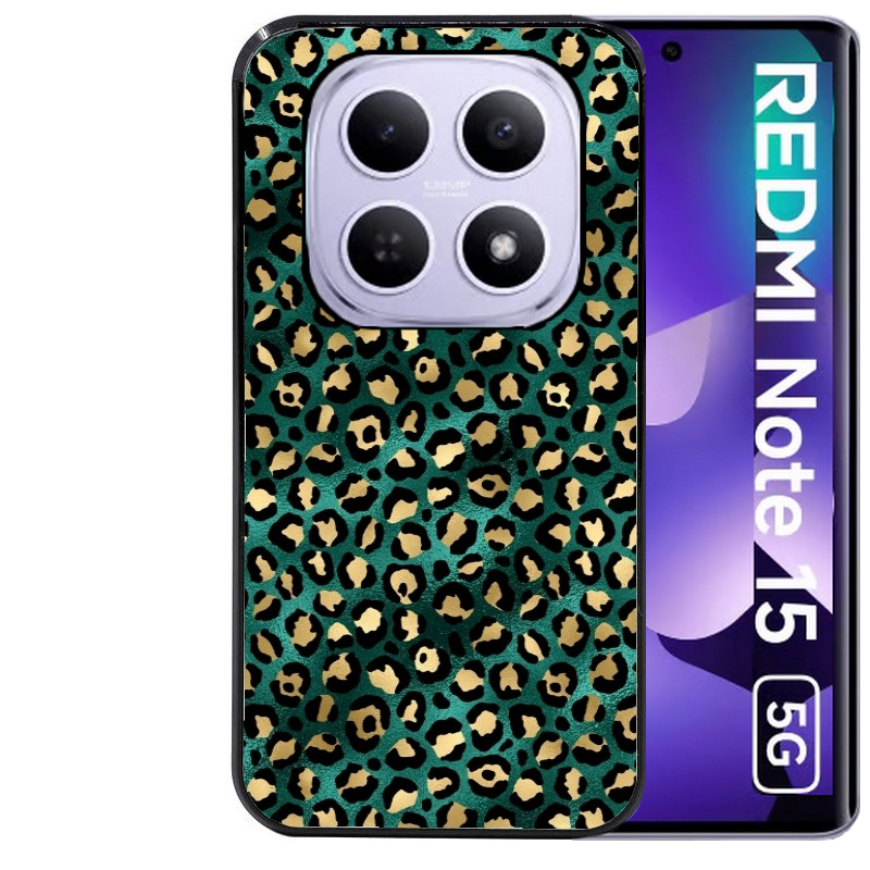 Coque noire taperso pour Redmi Note 15 et PRO PLUS 4G 5G avec motif leopard vert protection antichoc personnalisée