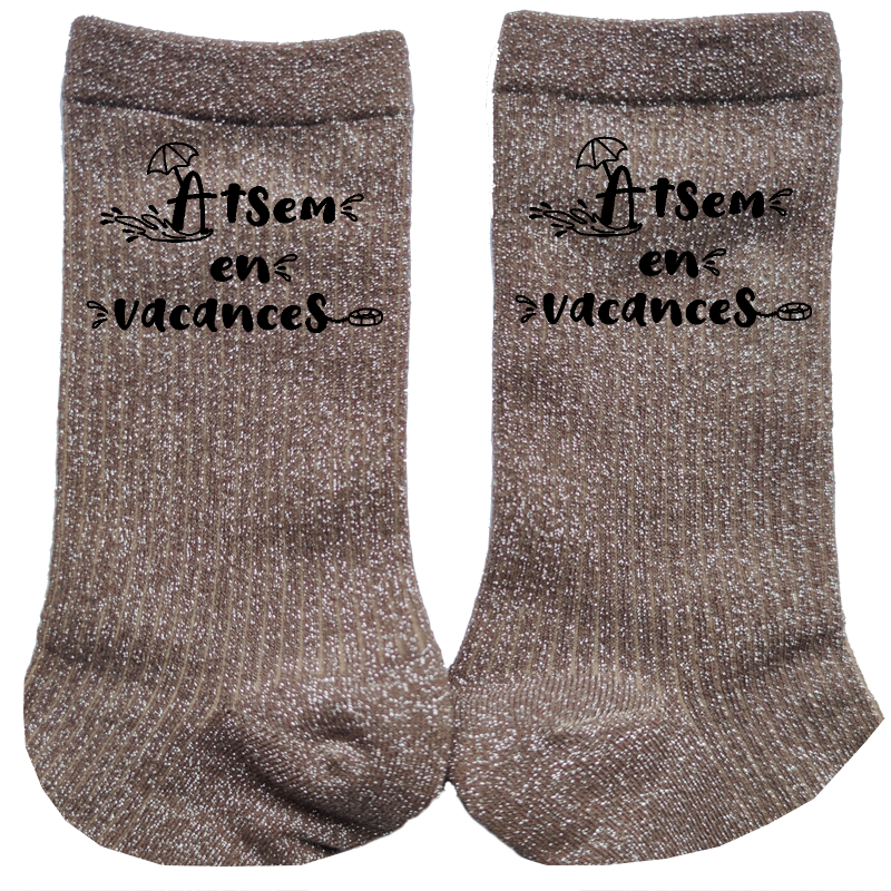 Chaussettes paillettes bronze motif atsem en vacances