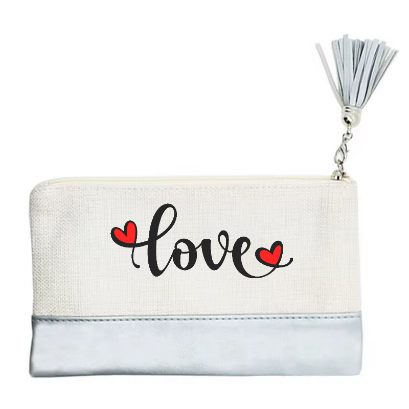 Pochette motif love double cœur en toile et simili cuir