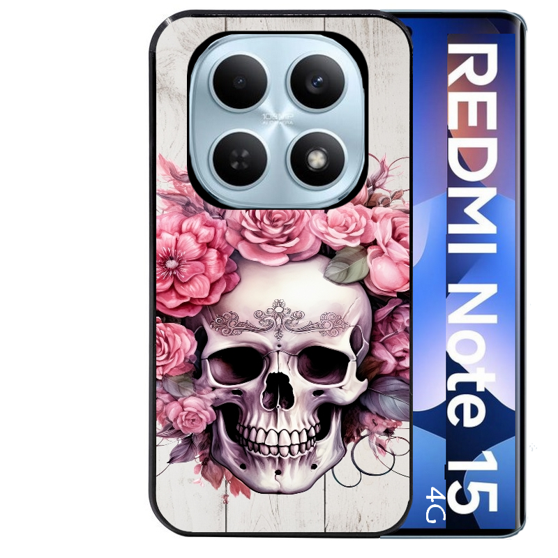 Coque noire taperso pour Redmi Note 15 et PRO PLUS 4G 5G avec motif tete de mort floral protection antichoc personnalisée