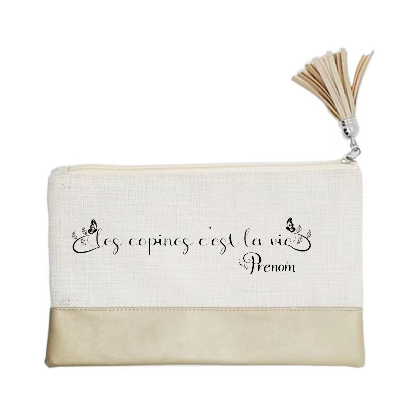 Pochette personnalisée motif copine c'est la vie en toile et simili cuir personnalisée