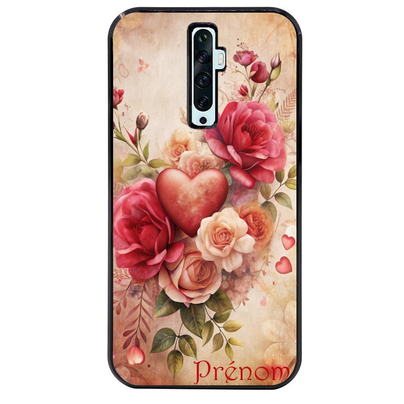 Coque noire taperso pour OPPO Reno 2 et 2Z avec motif coeur et fleur personnalisee protection antichoc personnalisée