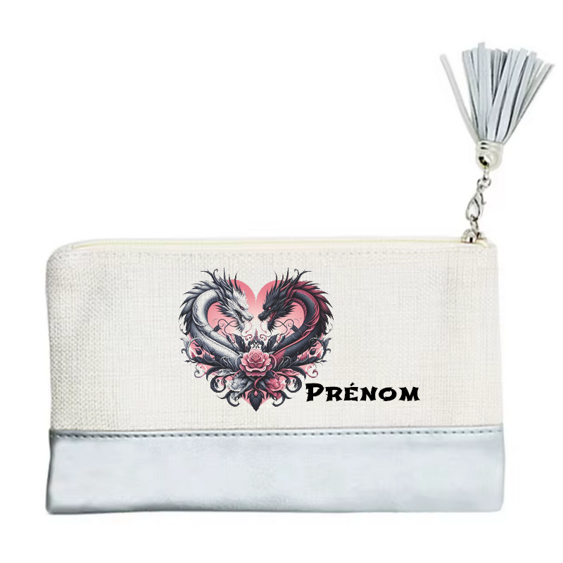 Pochette personnalisée motif dragon love en toile et simili cuir personnalisée