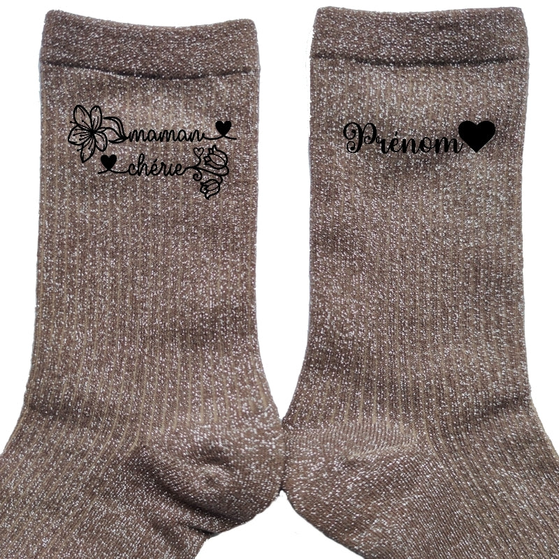 Chaussettes personnalisée paillettes bronze motif maman chérie