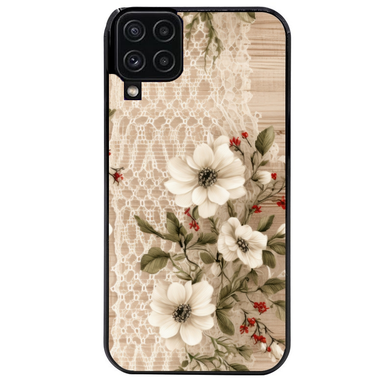 Coque noire taperso pour galaxy A22 A32 A52 A52S 4G 5G  avec motif bois et dentelle 2 protection antichoc personnalisée