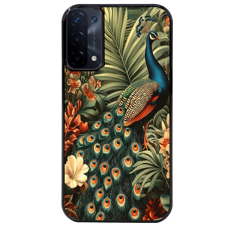 Coque noire taperso pour OPPO A54 et A74 5G avec motif paon tropical protection antichoc personnalisée