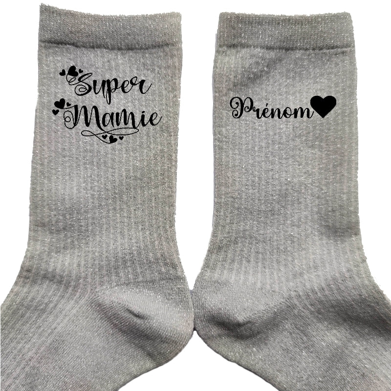 Chaussettes personnalisée paillettes argent motif super mamie