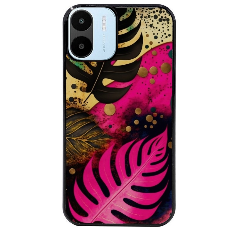 Coque noire taperso pour Redmi A1 et A2 avec motif tropical rose et des fleurs protection antichoc personnalisée