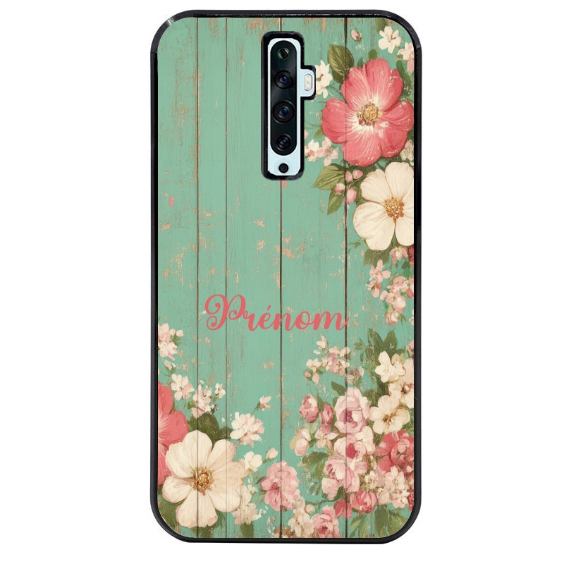 Coque noire taperso pour OPPO Reno 2 et 2Z avec motif bois et fleur avec votre prenom protection antichoc personnalisée