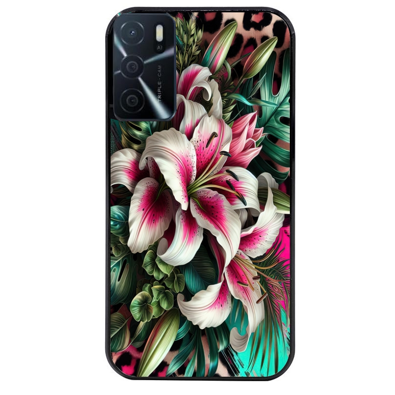 Coque noire taperso pour OPPO A16 et A16S avec motif leopard hibiscus protection antichoc personnalisée