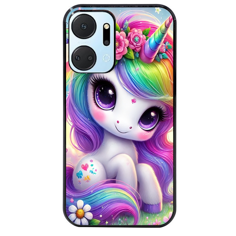 Coque noire taperso pour Honor X7A avec motif licorne et fleurs protection antichoc personnalisée
