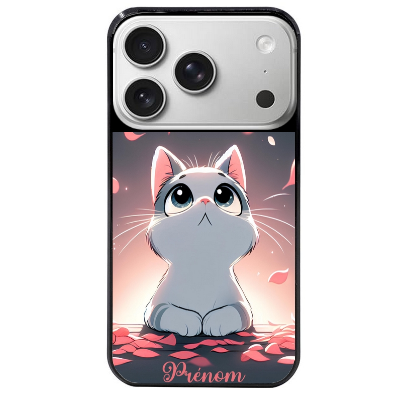 Coque noire taperso pour Iphone 17 17E AIR MAX PRO avec motif chat anime avec votre prenom protection antichoc personnalisée
