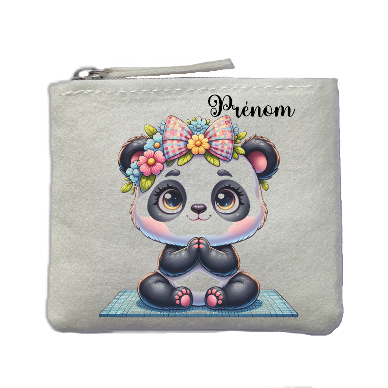 Porte monnaie personnalisé panda yoga ivoire en feutrine en feutrine ivoire