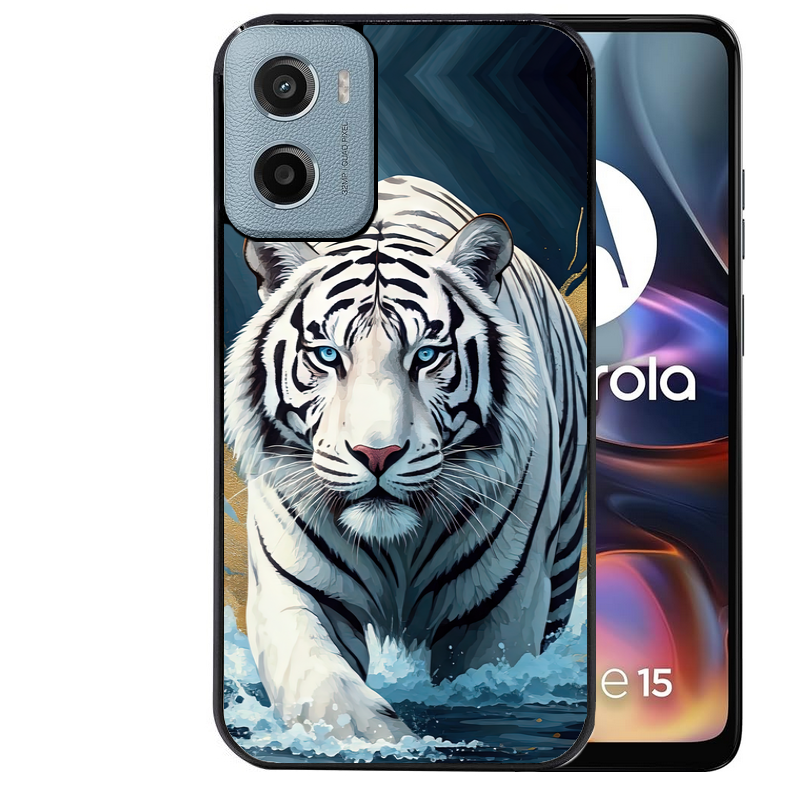 Coque noire taperso pour Moto E13 E14 E15 avec motif tigre polaire protection antichoc personnalisée