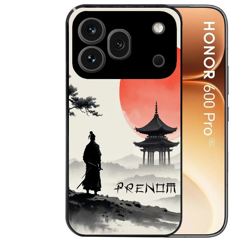Coque noire taperso pour Honor 600 et 600 PRO avec motif samourai et temple personnalisee protection antichoc personnalisée