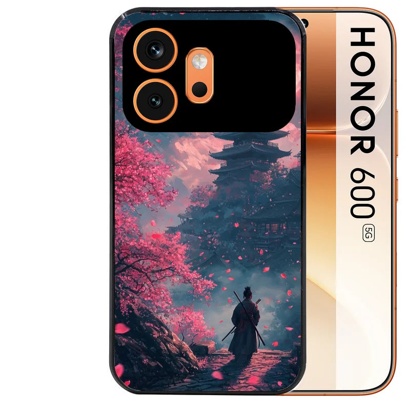 Coque noire taperso pour Honor 600 et 600 PRO avec motif samourai cerisier protection antichoc personnalisée