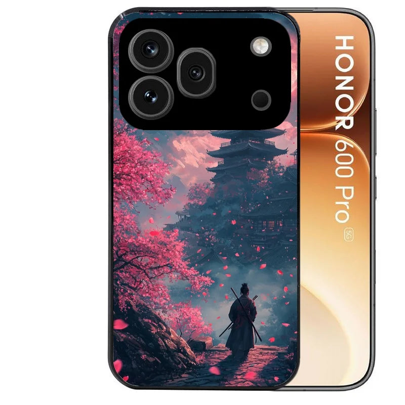 Coque noire taperso pour Honor 600 et 600 PRO avec motif samourai cerisier protection antichoc personnalisée