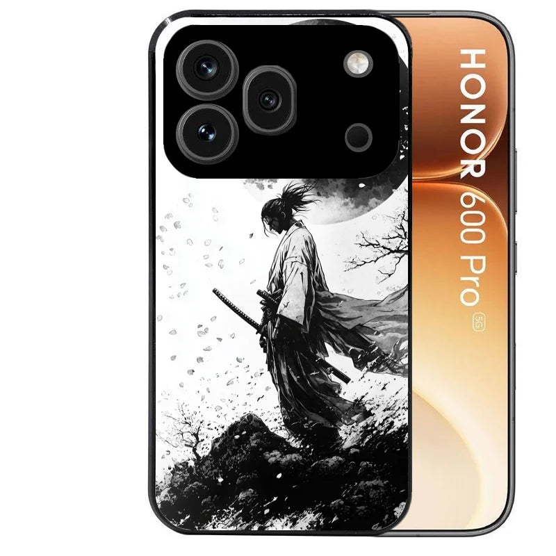 Coque noire taperso pour Honor 600 et 600 PRO avec motif samourai et lune protection antichoc personnalisée