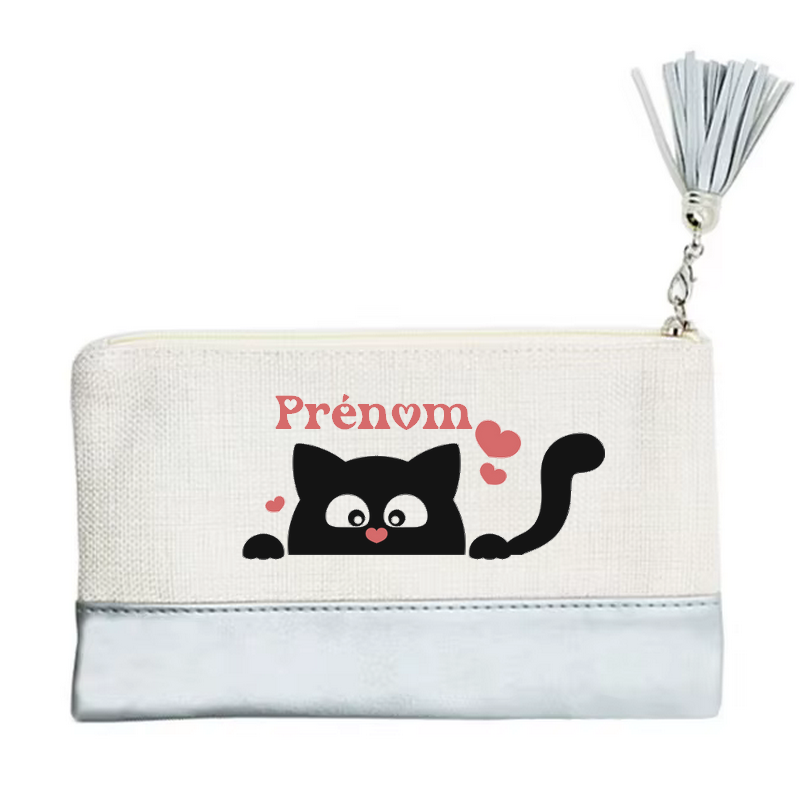 Pochette personnalisée motif chat cœur en toile et simili cuir personnalisée
