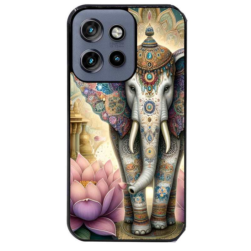 Coque noire taperso pour Moto Edge 60 et Neo Fusion Pro avec motif elephant et lotus protection antichoc personnalisée