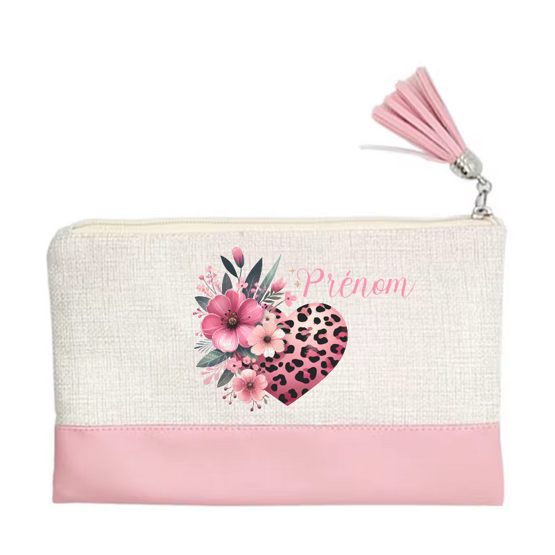 Pochette personnalisée motif cœur leopard en toile et simili cuir personnalisée