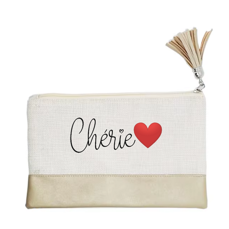 Pochette motif cherie et cœur en toile et simili cuir