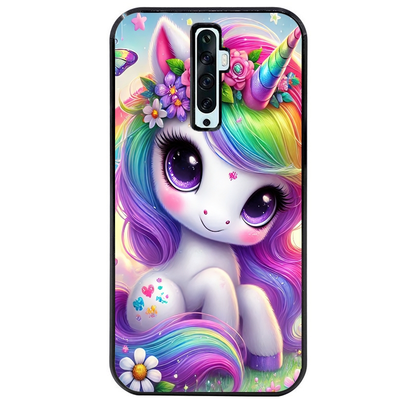 Coque noire taperso pour OPPO Reno 2 et 2Z avec motif licorne et fleurs protection antichoc personnalisée