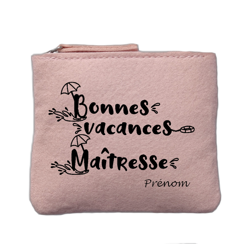 Porte monnaie personnalisé motif maitresse vacances rose clair en feutrine en feutrine