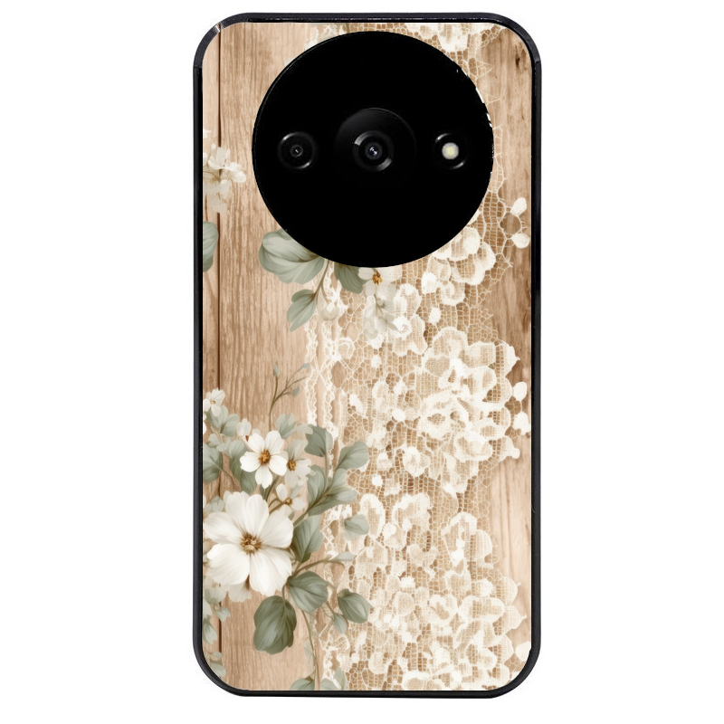 Coque noire taperso pour Redmi A3 avec motif bois et dentelle 1 protection antichoc personnalisée