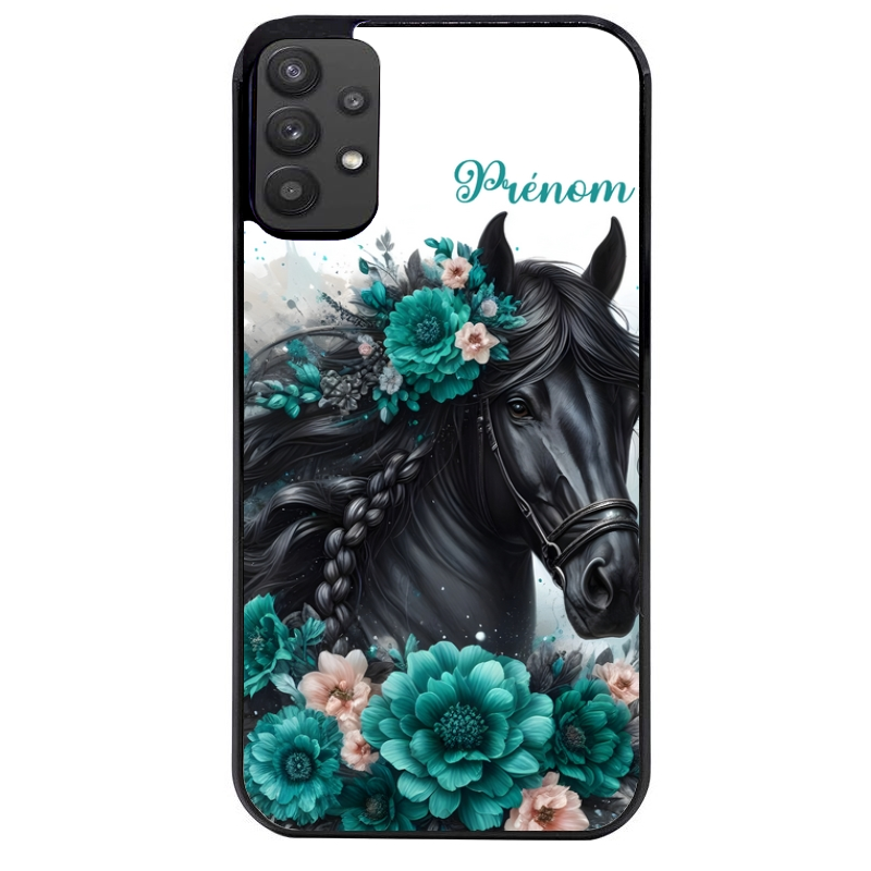 Coque noire taperso pour galaxy A22 A32 A52 A52S 4G 5G  avec motif cheval et fleurs personnalisee protection antichoc personnalisée